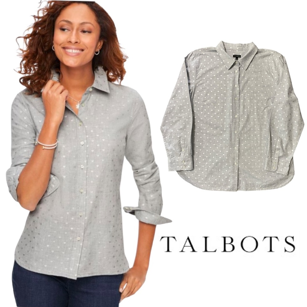 Talbots Gray Silver Heart Print Button Front Shir… - image 1